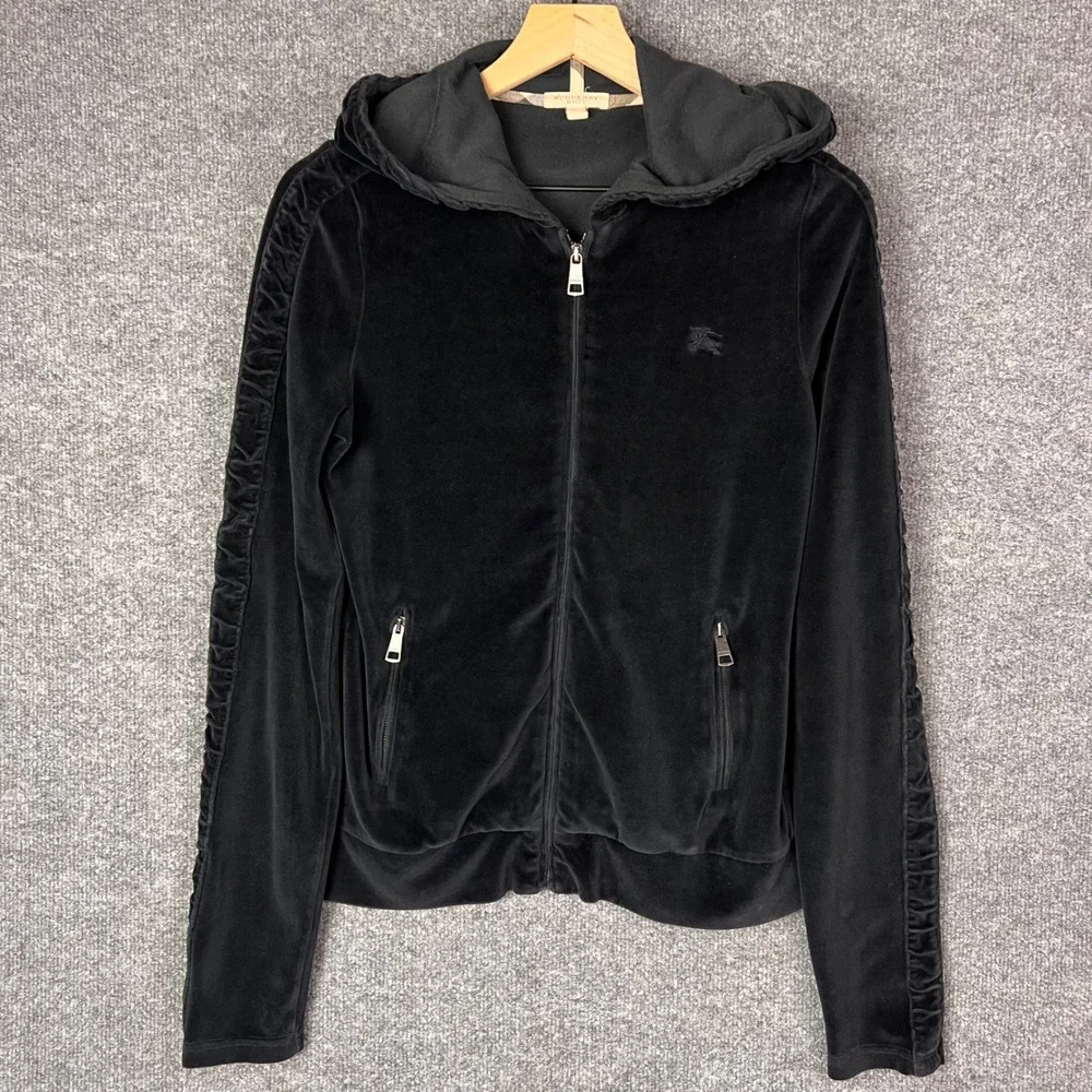 Burberry Hoodie Women Size M Black Excellent Velour Full Zip Ruffle Sleeve Brit - Picture 1 of 9